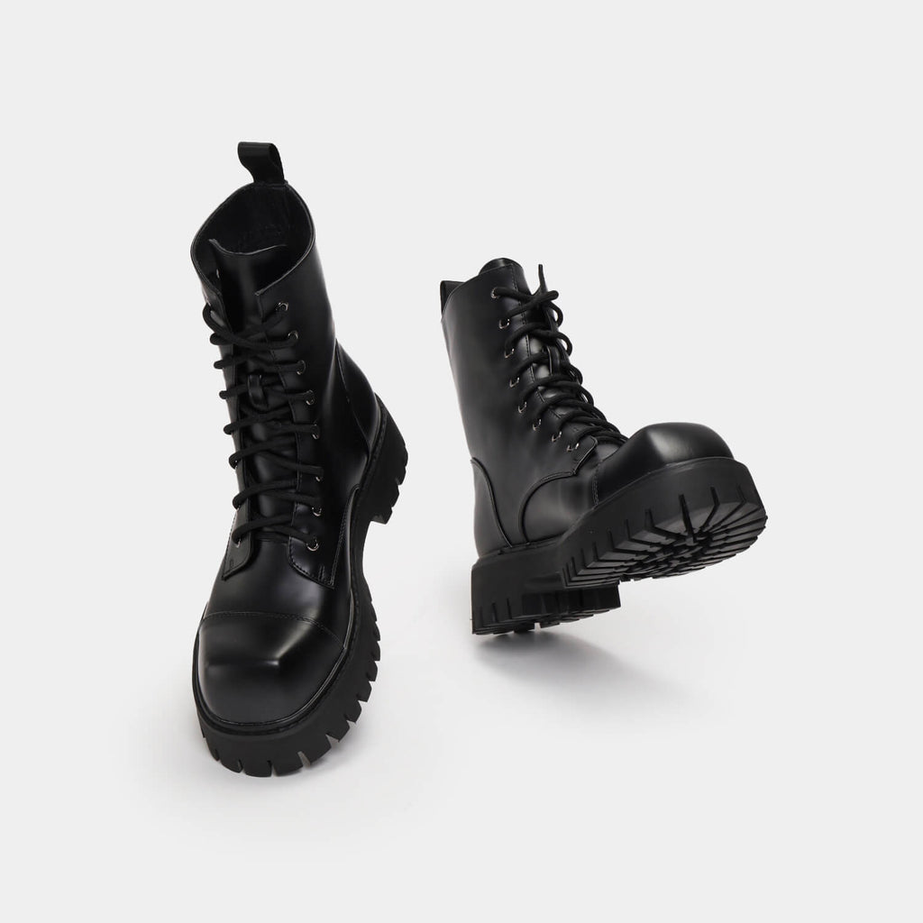 Gimli Men's Black Square Toe Lace Up Boots - Ankle Boots - KOI Footwear - Black - Front Platform Detail